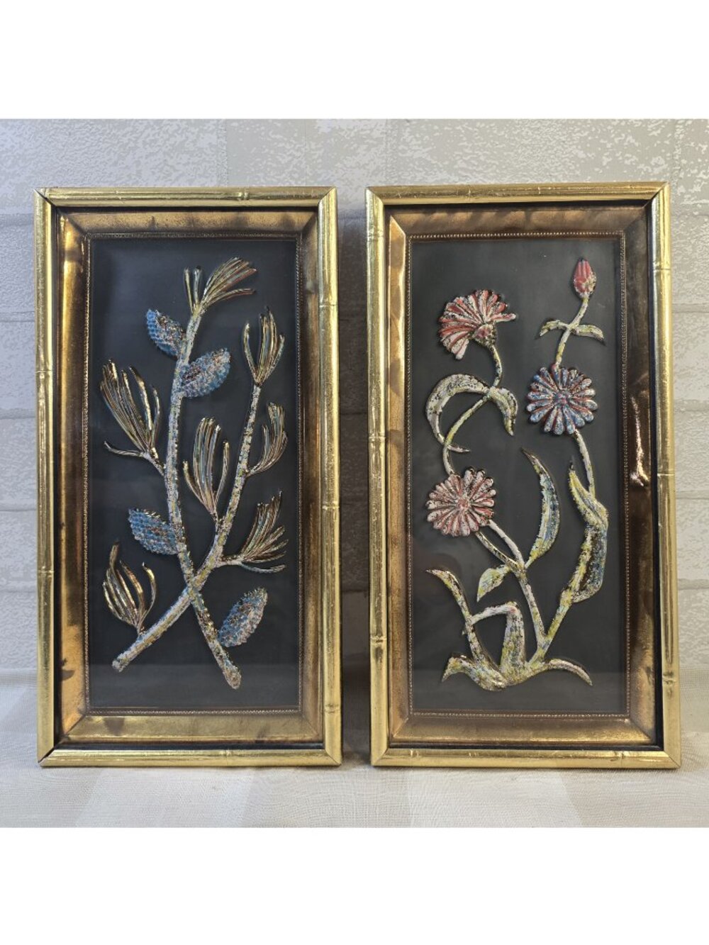 Vintage Pair MCM Gold Framed 3-D Metal Floral Art Pieces Turner Wall Decor